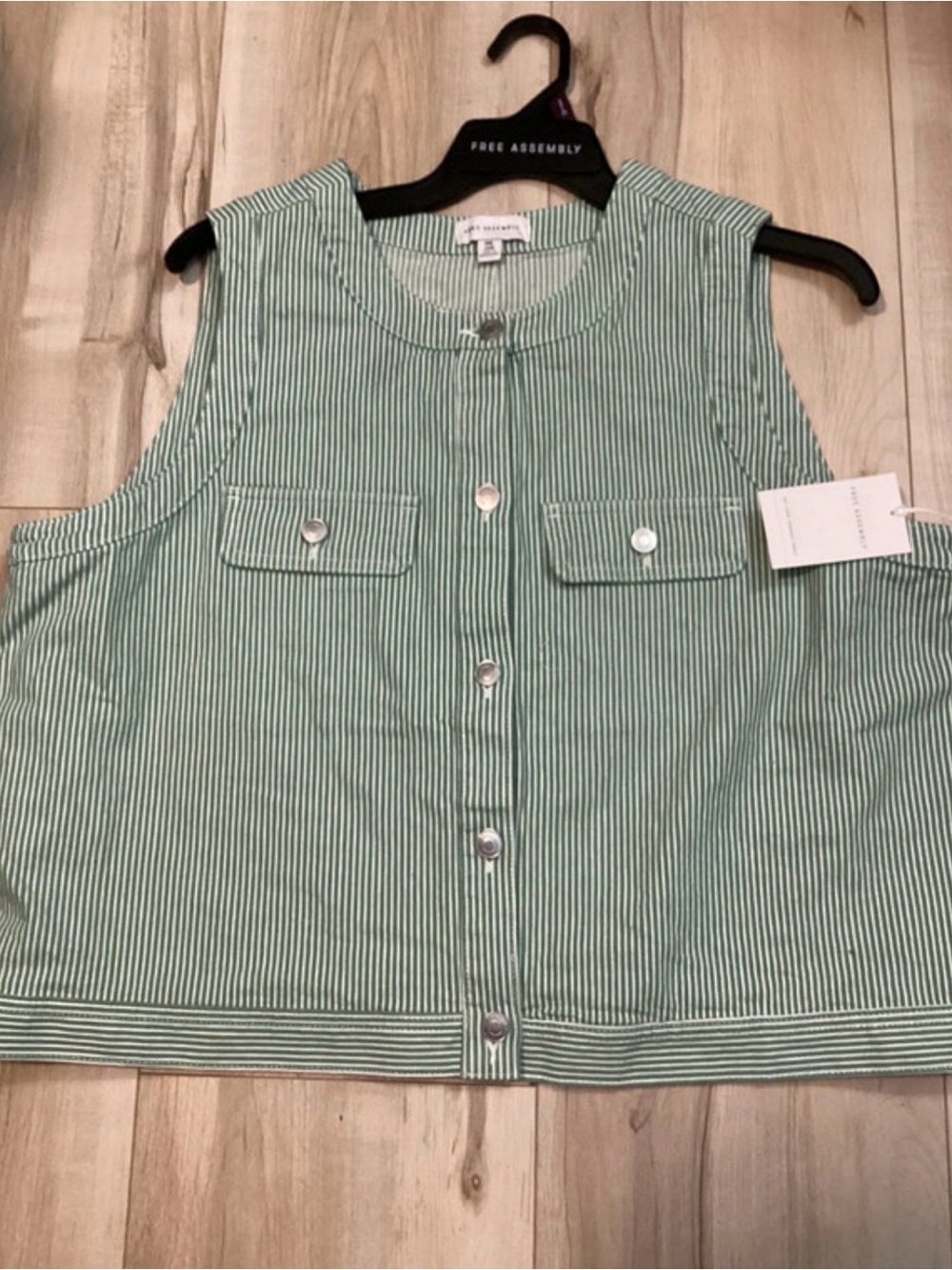 Sleeveless Green Striped Button-Front Vest by Free Assembly